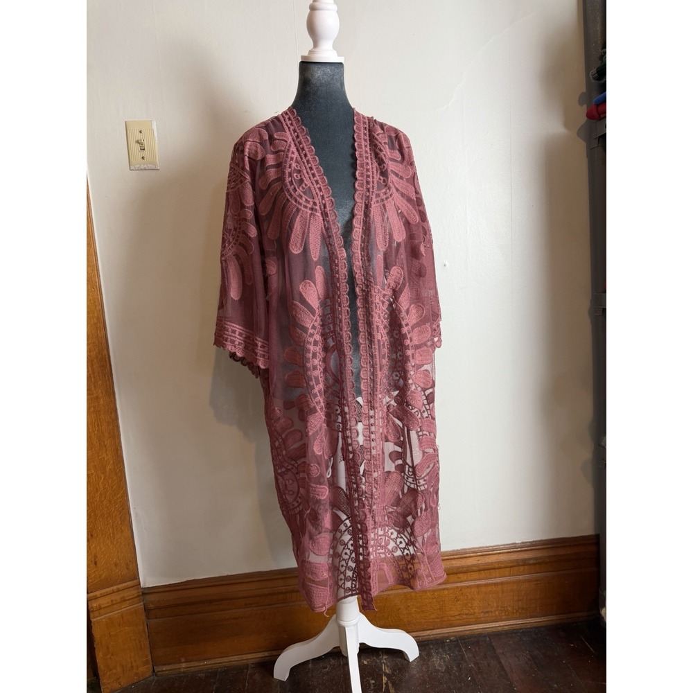 Long Vintage Open Duster Cover Up Boho Hippie Festival Mauve Cottagecore